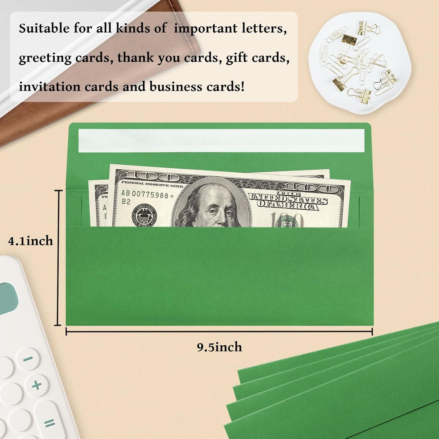 50 Pack #10 Business Envelopes, Green Standard Envelopes Self Seal, Letter Size Mailing Envelopes for Checks Letters Invoices Statements Birthday Graduation Wedding, 4 1/8 x 9 1/2 Inch