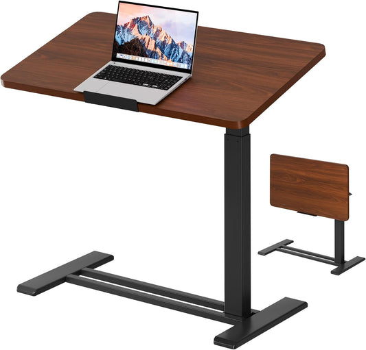 SANODESK Medical Adjustable Overbed Bedside Table with Casters 90° Tilt Top Pneumatic Mobile Rolling Laptop Computer Standing Desk Cart with Tray, Hospital and Home Use(31.5" W x 17.7" D, Walnut)