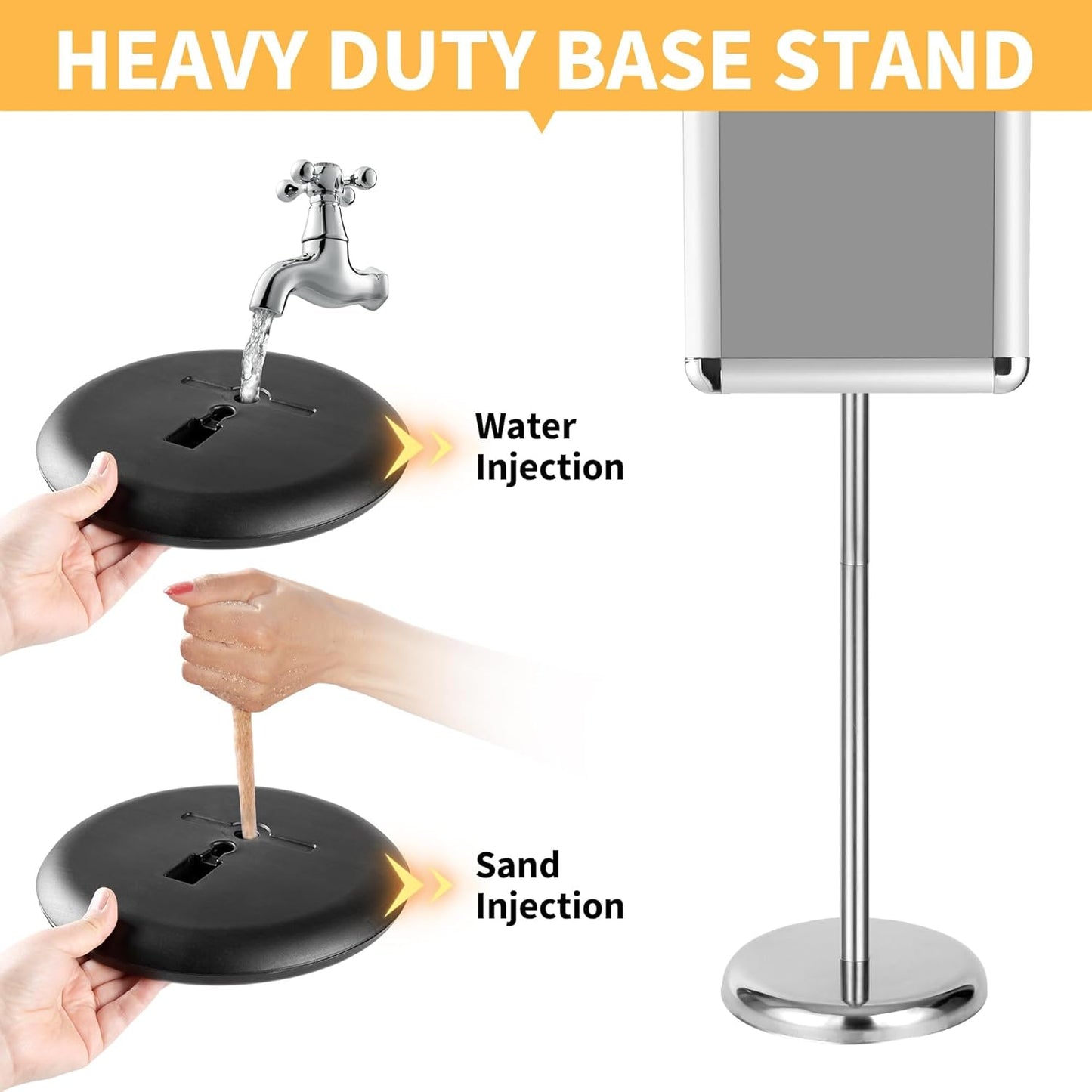 2 Pack Sign Holder Stand 8.5 x 11, With 3-Prong-Base & Round Base, Poster Stand Aluminum Snap Open Frame for A4 Size Outdoor Indoor Sign Stand, Height Adjustable-Silver