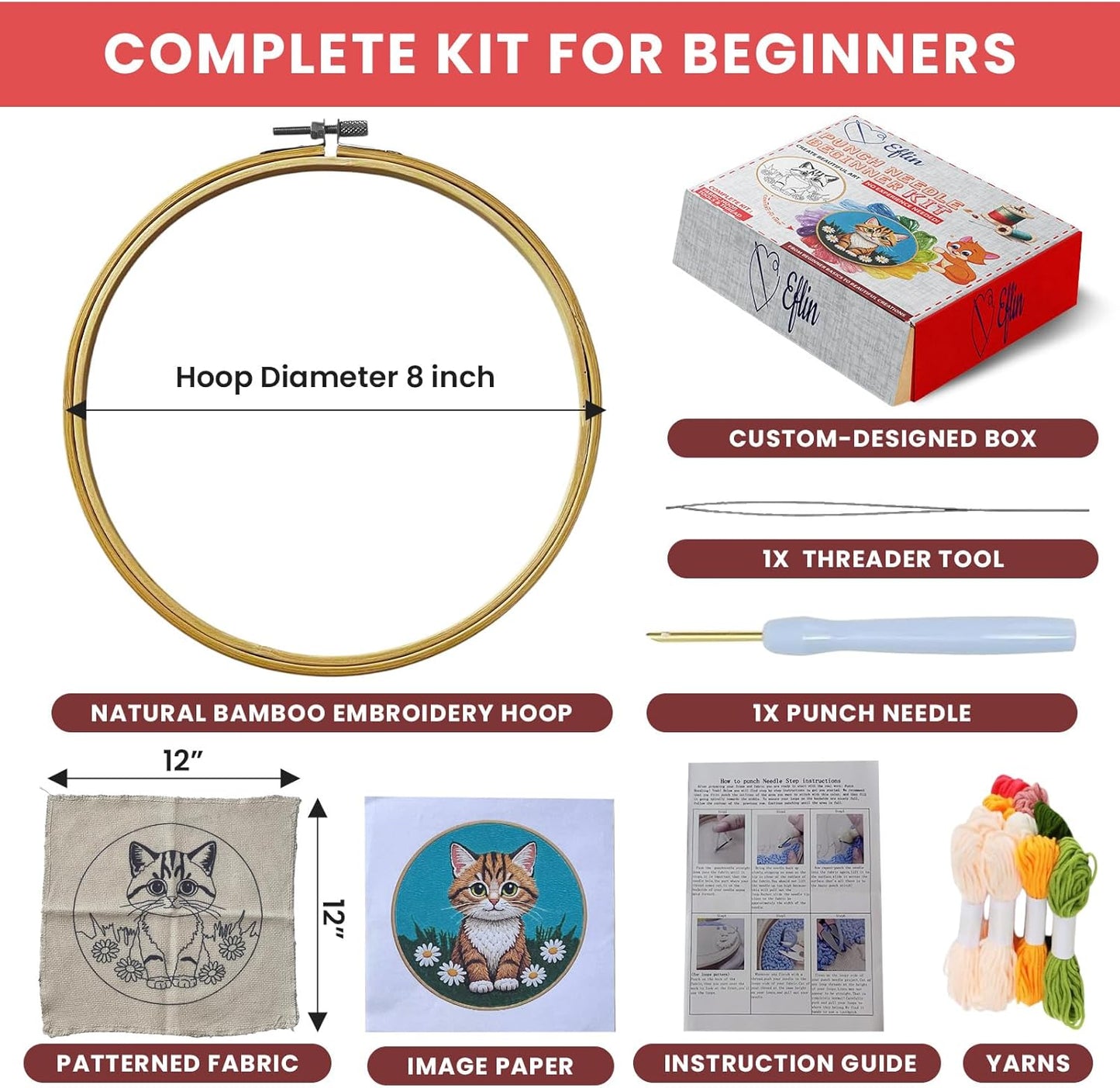 Eflin Punch Needle Kits Adults Beginner - Needlepoint Kits for Adults, Cute Cat & Daisy Pattern, Natural Bamboo Hoop, Yarns, Tools, Craft Kits for Beginners, Rare Gift for Crafts, Decors, Festivals