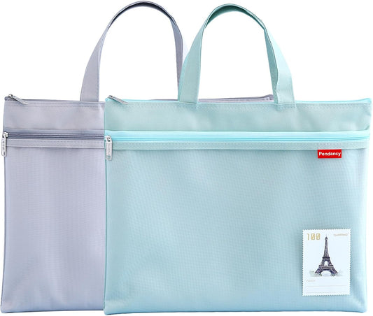 Pendancy Mesh Zipper Pouch 11x13.7 in, 2 pcs Large Double Pocket Waterproof File Bag with Handle, A4 Size Foldable Document Storage for Puzzle Project/Cross Stitch/Travel/Office（Gray Green）