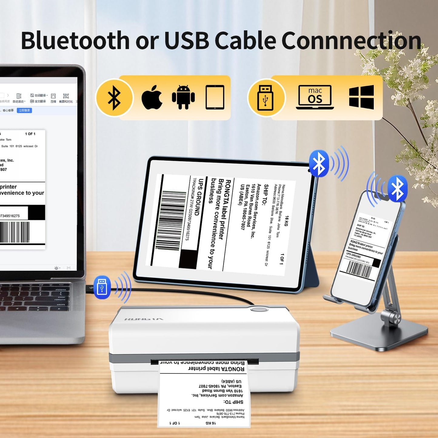 Rongta Bluetooth Thermal Shipping Label Printer, Wireless 4x6 Label Sticker Printer for Shipping Packages, Support Android, iPhone, Widely Used for Amazon, Ebay, Shopify, Etsy, UPS