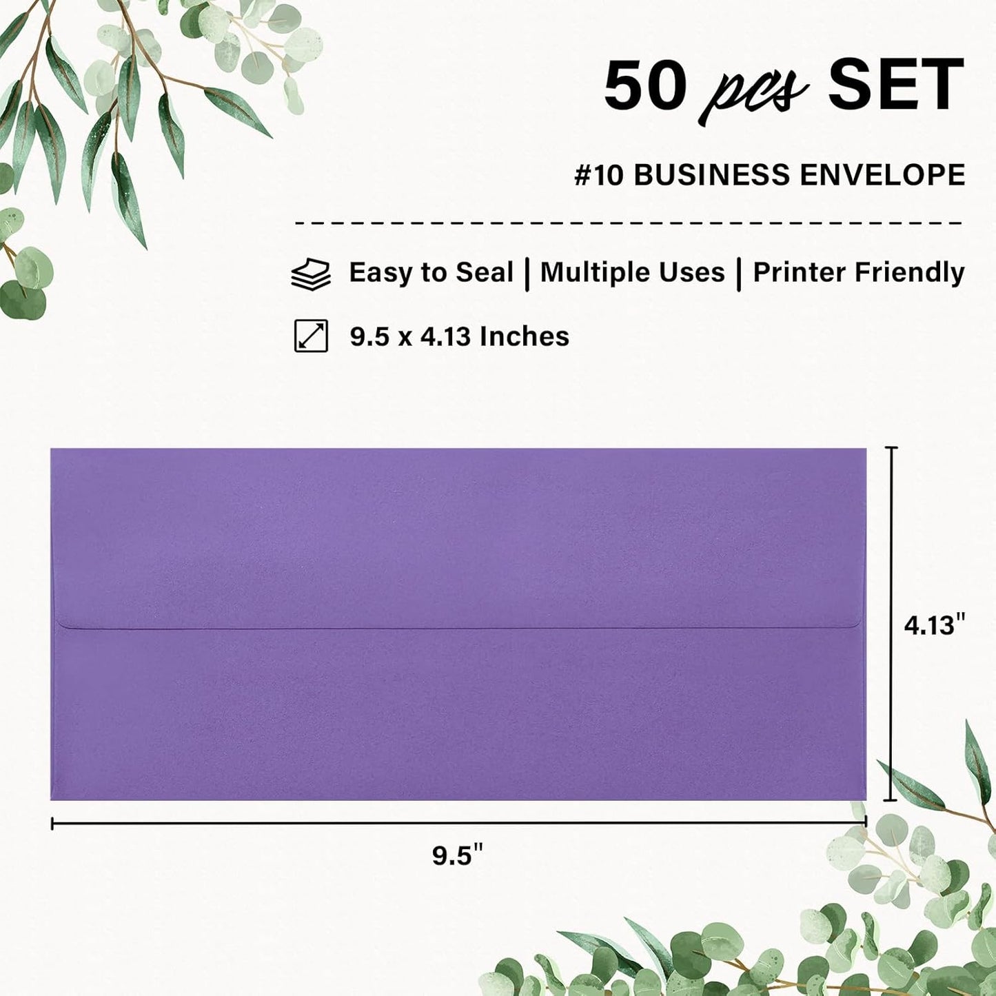 50 Pack #10 Business Envelopes, Self Seal Standard Purple Envelopes for Secure Business & Legal Mailing, Office, Checks, Letter, Invoices, 4 1/8 x 9 1/2 Inches
