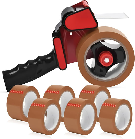 Heavy Duty Gun and Dispenser With 6 Brown Packaging Tapes (48cm X 66m) | Metal Dispenser for Moving Boxes, Warehouse, Paper Packaging, Parcel, or General Packing