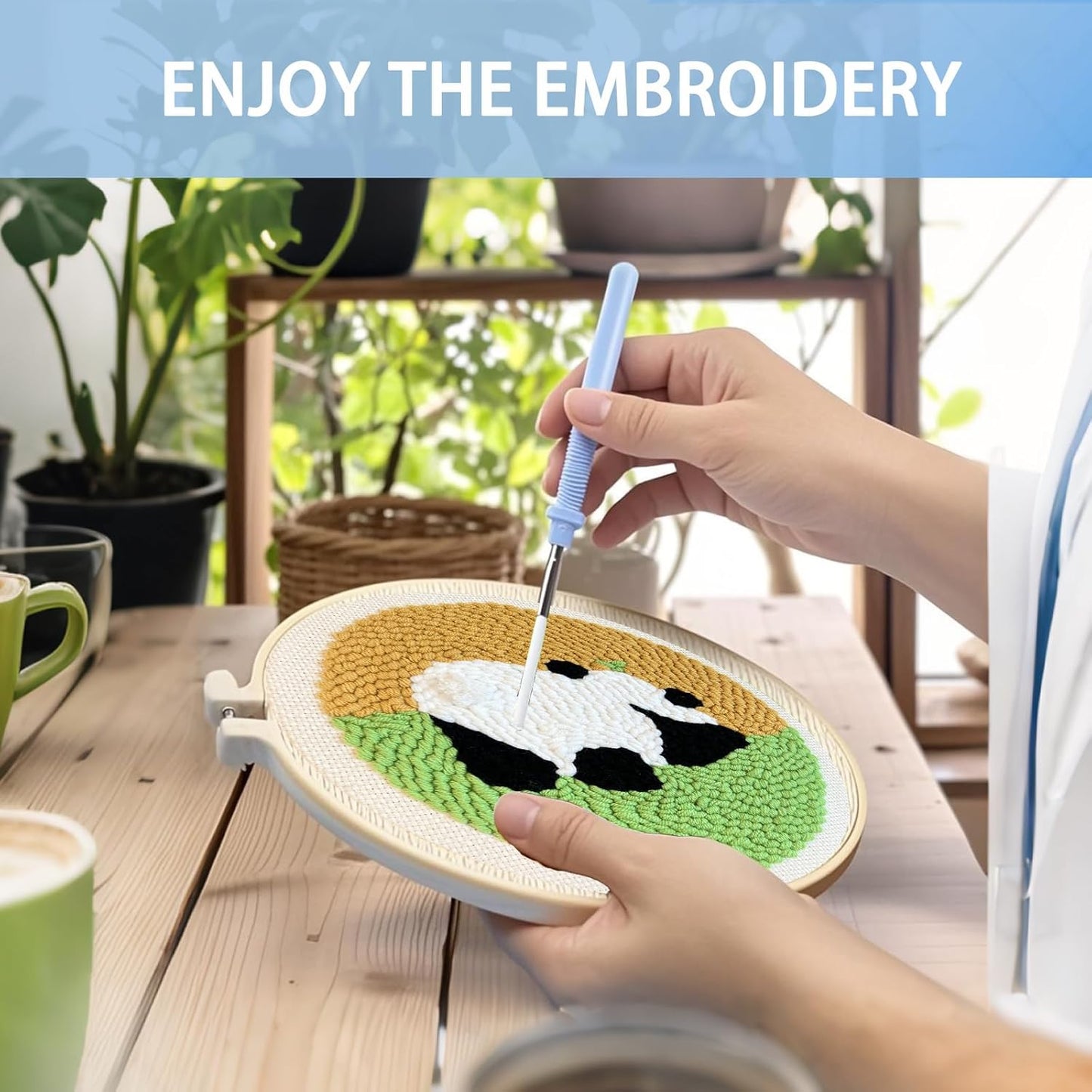 Danvk Panda Punch Embroidery Kit with Embroidery Fabric, Hoop,Scissor,Punch Needle and Yarns, Hand Craft Gift,DIY Embroidery Kits, Hand Punch Needle Kit for Women and Kids Beginners(Panda-Crawling)