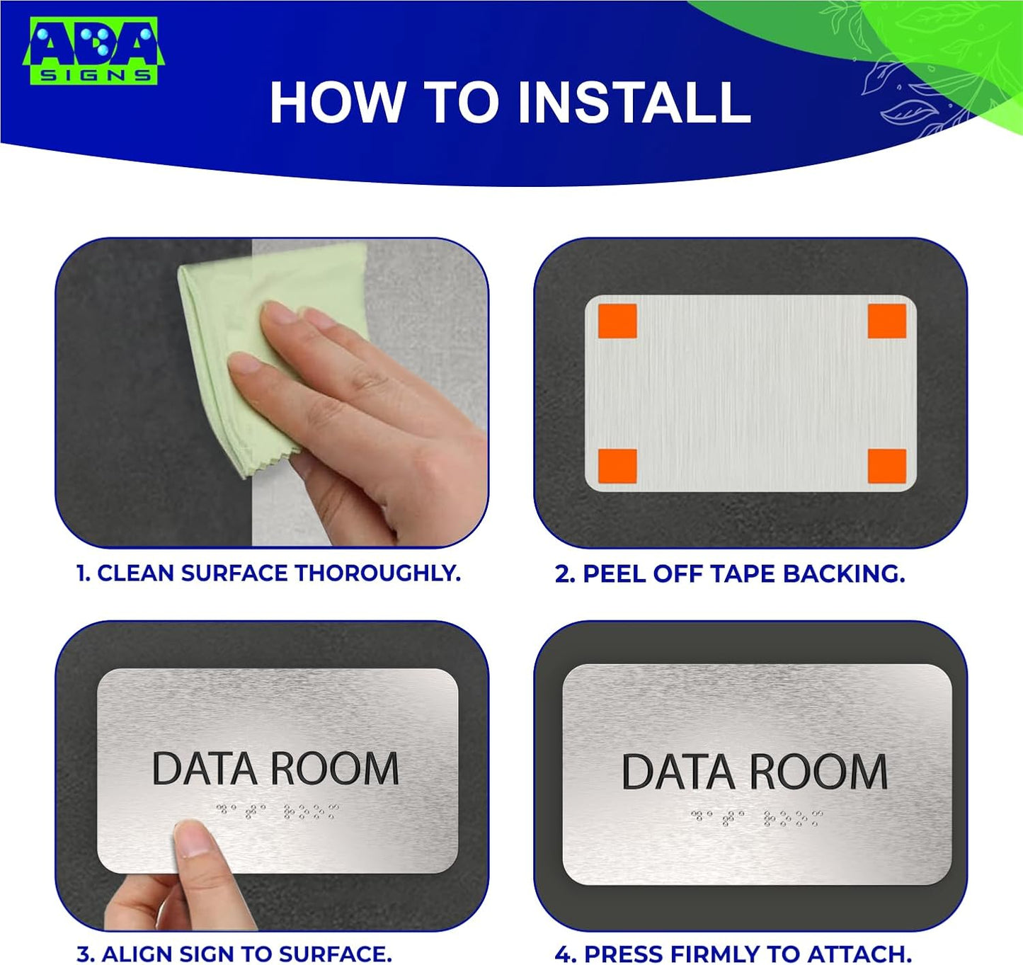 ADASigns Data Room Sign 7" W x 4" H - Durable Brushed Aluminum with Grade 2 Braille - Easy Installation with Strong Double Sided Tape - ADA Compliant Office & Businesses Signs for Wall