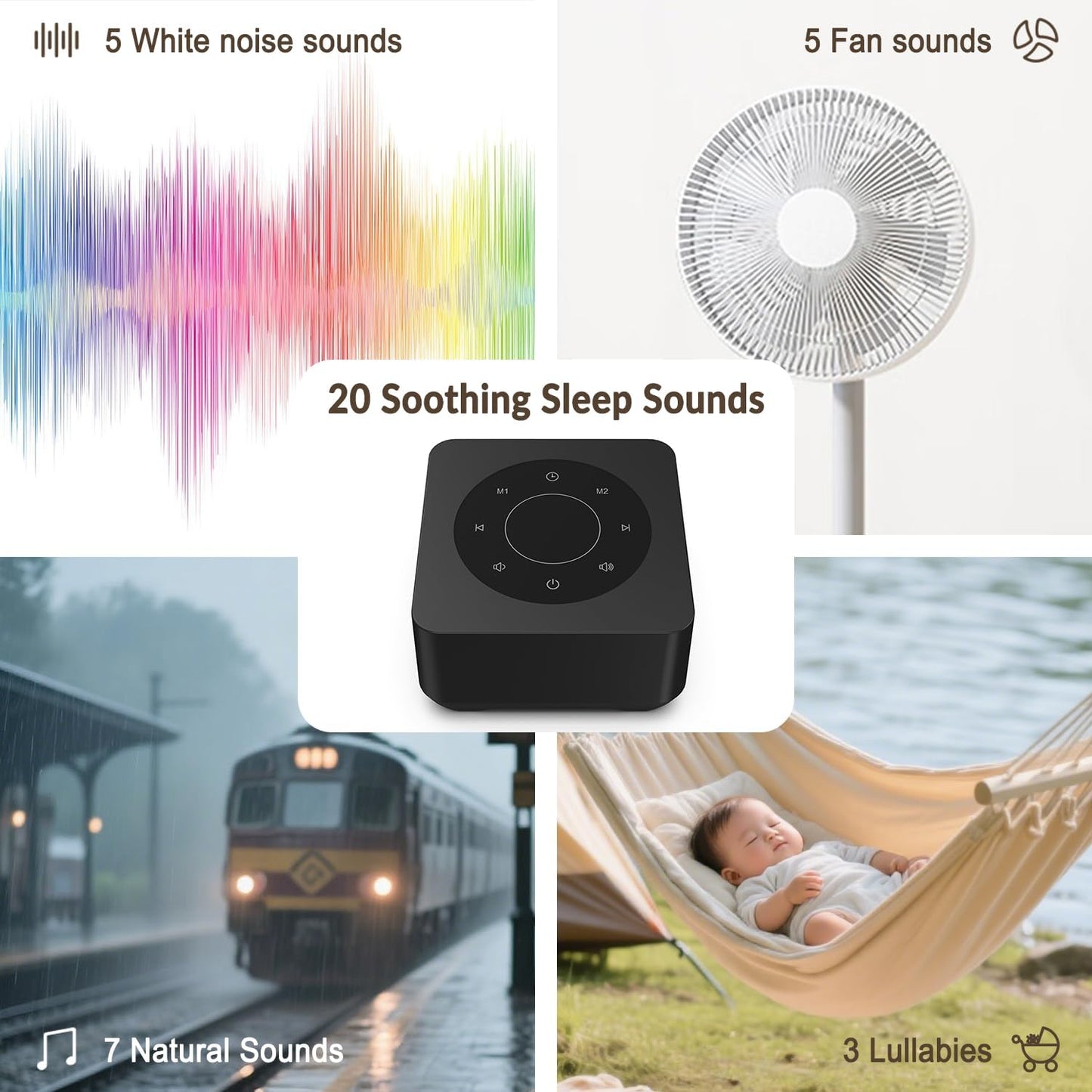 White Noise Sound Machine for Sleep 20 Soothing Sounds Noise Machine for 30 Level Volume 5 Timer Setting Favorite Setting Memory Function Touch Control Compact Portable for Adult/Baby (Black)