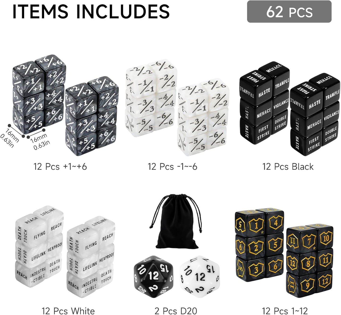 SIXPOINTS 62PCS MTG Dice Set with Plus 1 Life Counter & Keyword Token Dice & Shield Life Counter Dice & D20 Dice Set for Magic The Gathering, MTG, TCG, Card Games Accessories (62Pcs/Set Color-A)