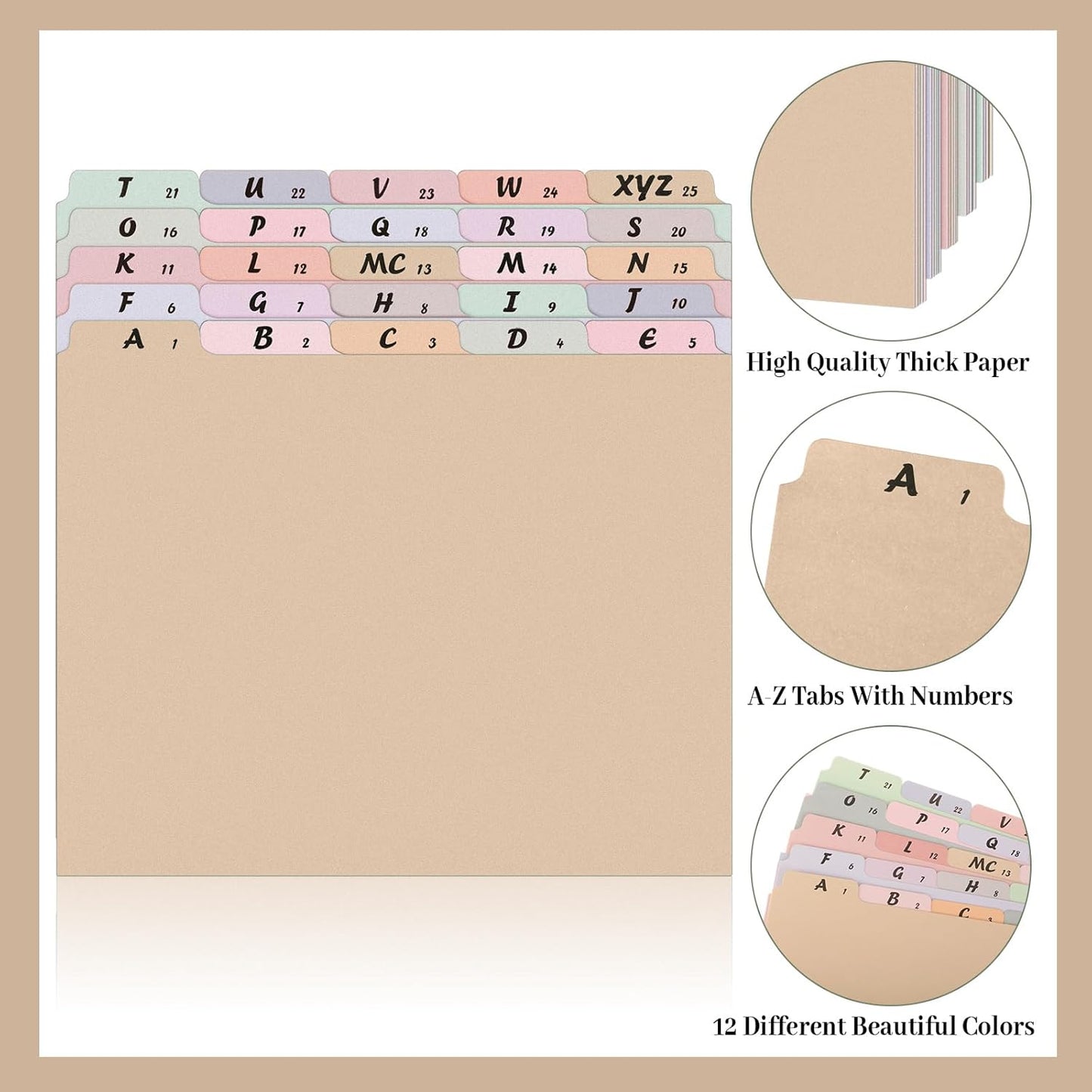 2 Set 50 Pcs Alphabet File Dividers Top Tab File Guides Set, Heavyweight A-z Letter Size Filing Cabinet Dividers 1/5 Cut Tab Desk Organizer for Work School Office(Classic Colors)