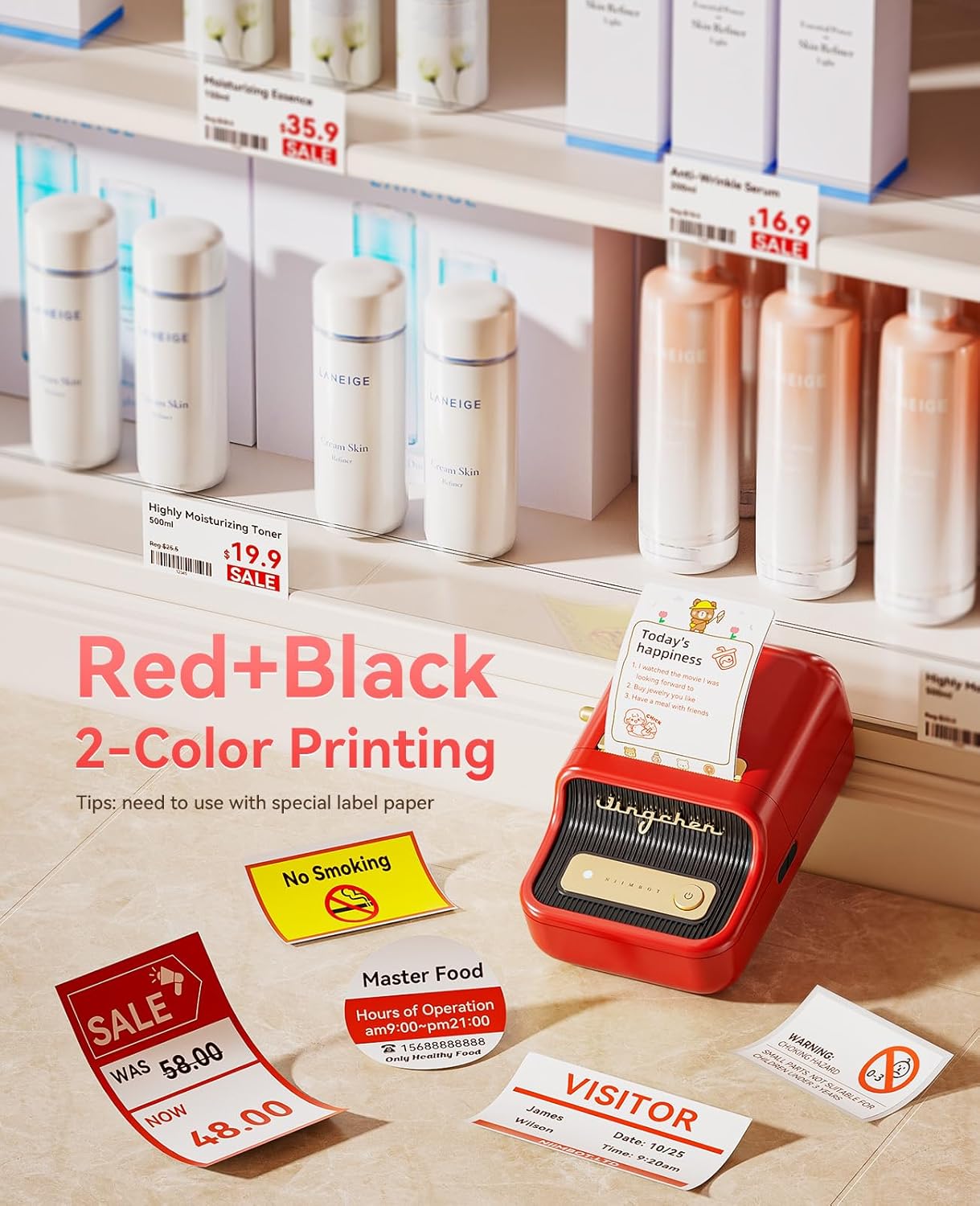 NIIMBOT B21 Pro Label Maker, 300DPI HD Label Printer, Ideal for Notes,Photos, Study Graphics, Memo Maker,50x30mm Label,230Pcs(Red)