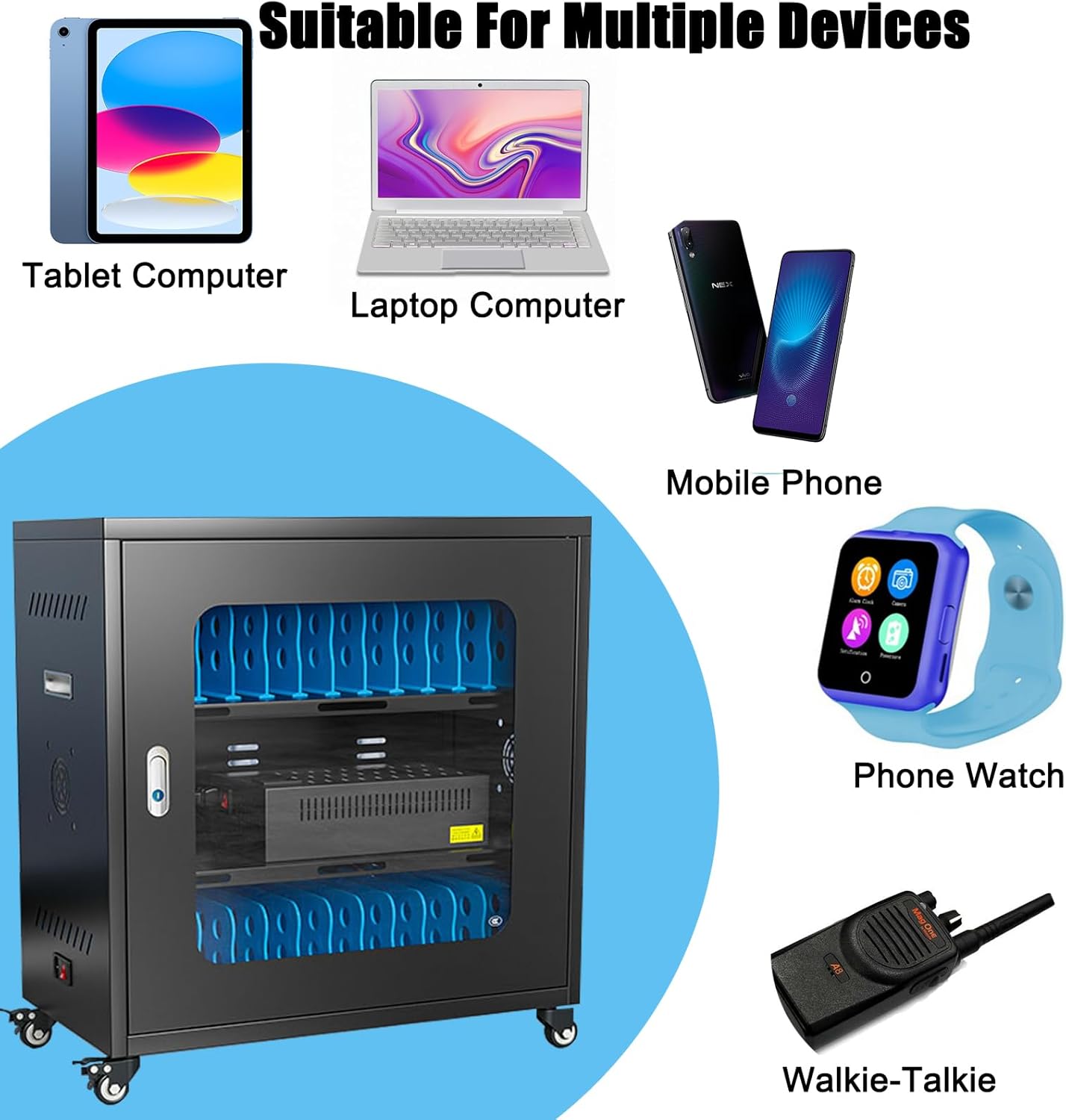 30 Device Mobile Charging Cart for Chromebook, Laptop and Tablet Charging and Storage Cart, Fully Assembled Locking Mobile Charging Cabinet Suitable for Classroom Office School (Black, 30-Device)