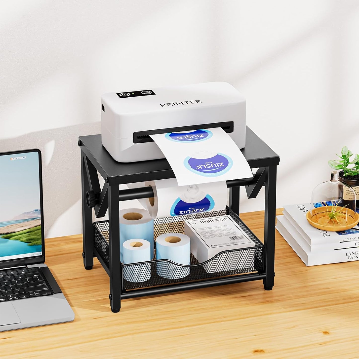 Marbrasse Label Holder for Rolls and Fanfold Labels, Metal Thermal Label Printer Holder with Drawer, Shipping Label Stand,Sticker Roll Holder for Home, Office, Small Business,Black