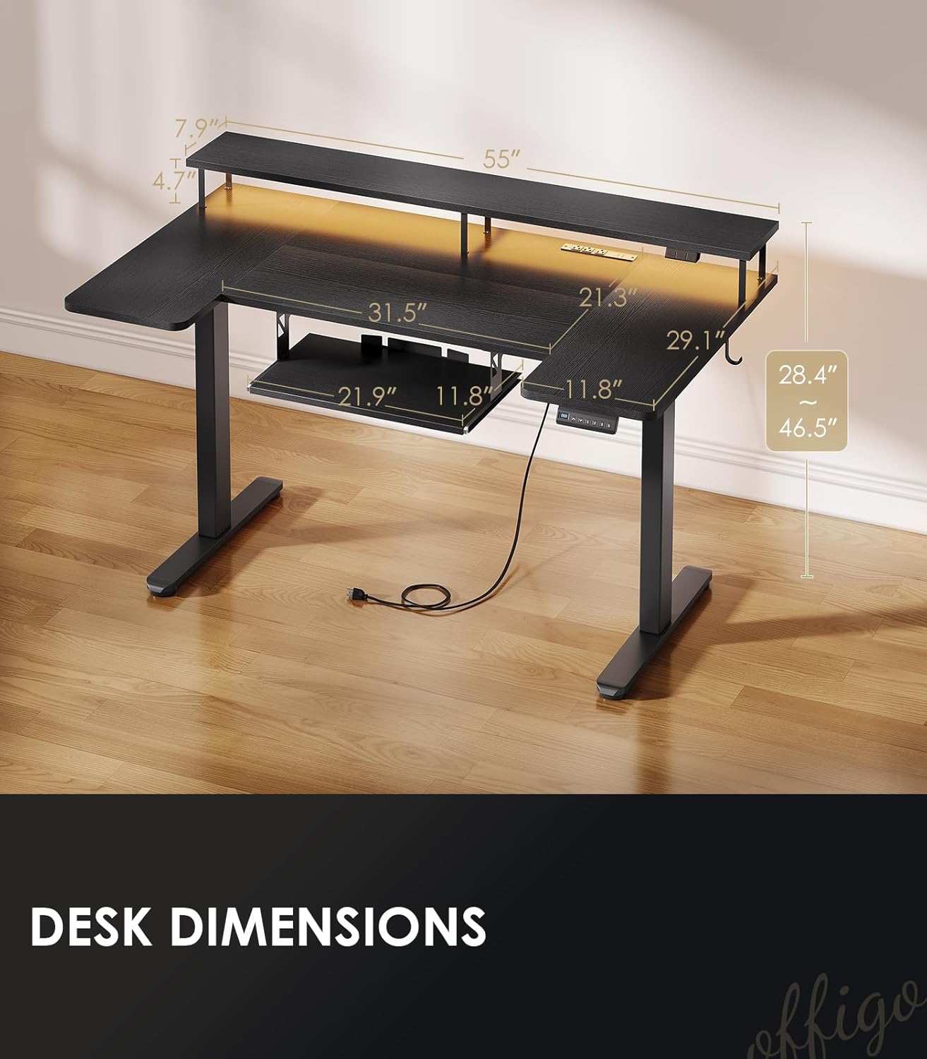 OffiGo U Shaped Electric Standing Desk with Keyboard Tray, 55 Inch Height Adjustable Desk with Power Outlets & LED Lights, Sit Stand Table with Monitor Stand for Home, Office, Black