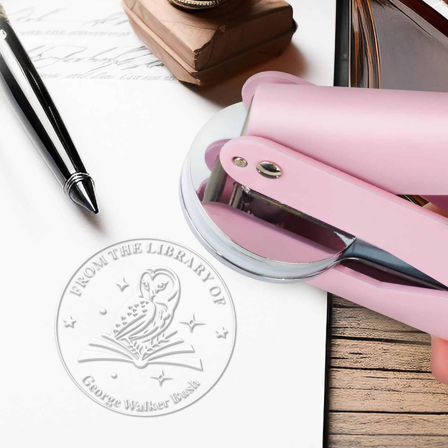 from The Library of Embossers & Stamps Custom Owl Color Self-Inking Stamp with Your Name or Design Great for Personalizing Books, Text Books and Journals (01)