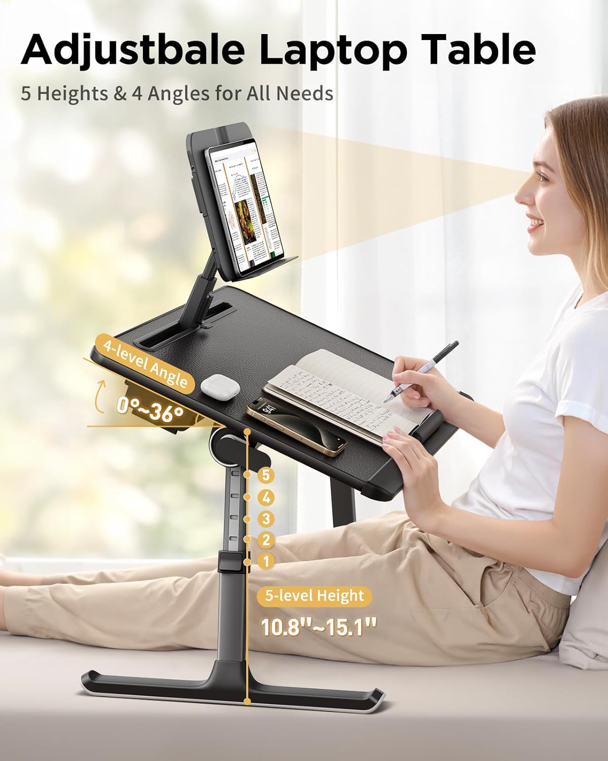 SAIJI Laptop Desk for Bed [Premium XXL Extra Large] with Upgraded Height Angle Adjustable Book Stand,Multi-Purpose Lapdesk Bed Tray Desk for Working Writing Reading Drawing (Black)