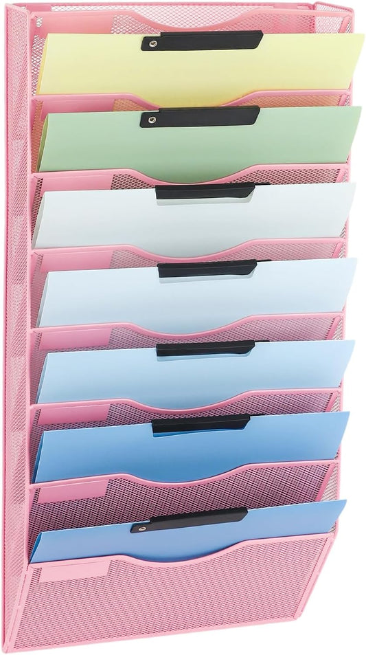 EASEPRES 8 Pocket Mesh Hanging Wall File Organizer, Wall Mounted Mail Paper Document Folder Holder, Clipboard Storage Organization Magazine Rack with Nametag Label for Office Home School, Pink