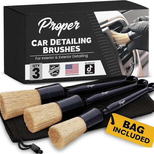 Premium Car Detailing Brush Set - Professional 3 Pack Kit Detail Brushes with Soft Boars Hair Bristles for Auto Interior & Exterior - for Cleaning Leather Seats, Air Vents, Wheels & Emblems