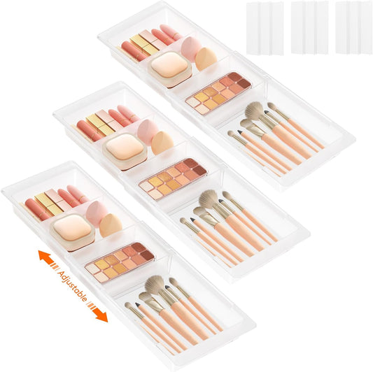 Lifewit 3 Pack Sliding Makeup Drawer Organizer Trays with Inserts, Extendable Hanging Desk Drawer Divider, 14-23" Long/1.8" High Plastic Organizer Tray in Vanity/Bathroom/Office/Kitchen, Translucent
