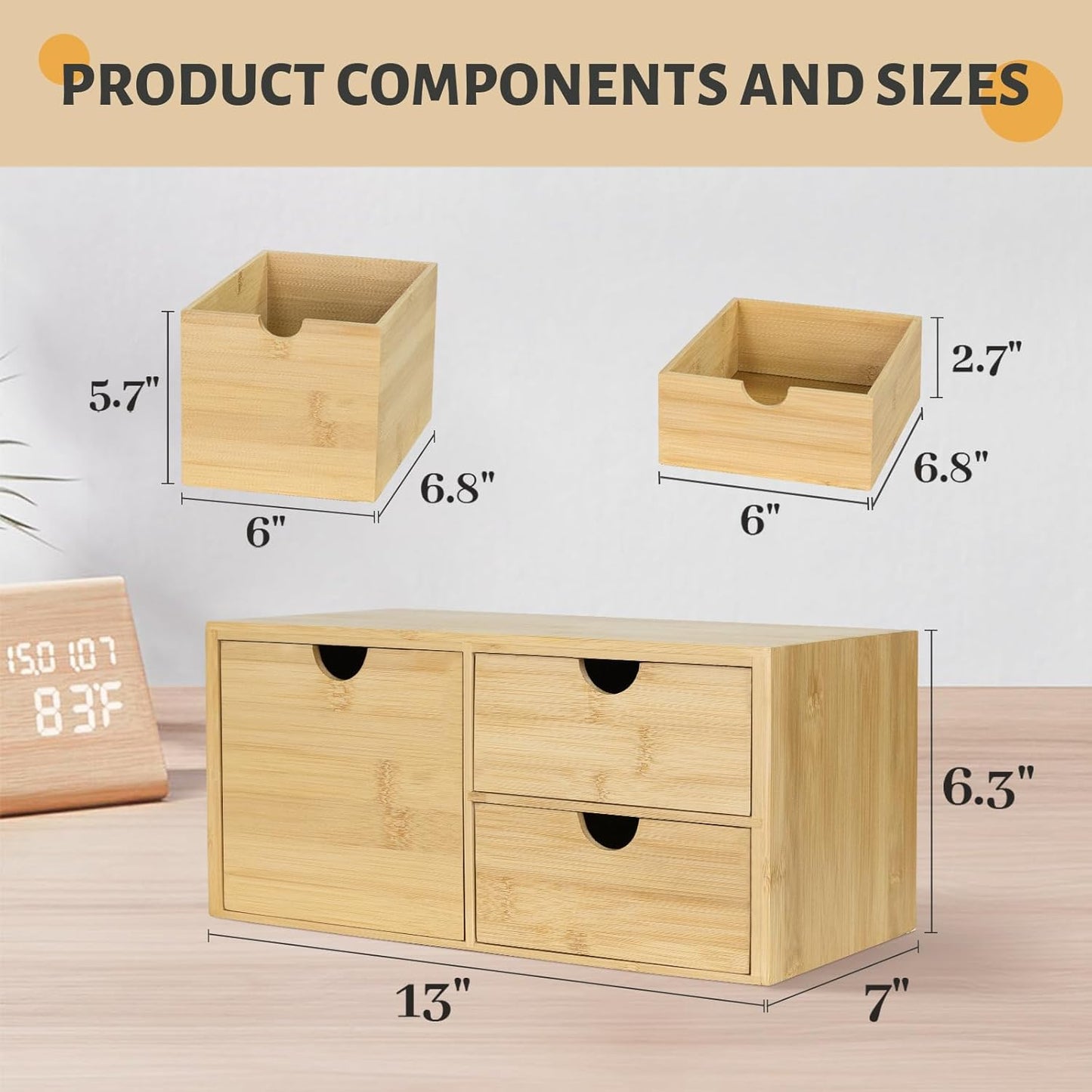 Bamboo Desk Organizer, Desktop Organizer with 3 Drawer, Tabletop Storage Organization Box for Bills, Countertop, Home Office Supplies