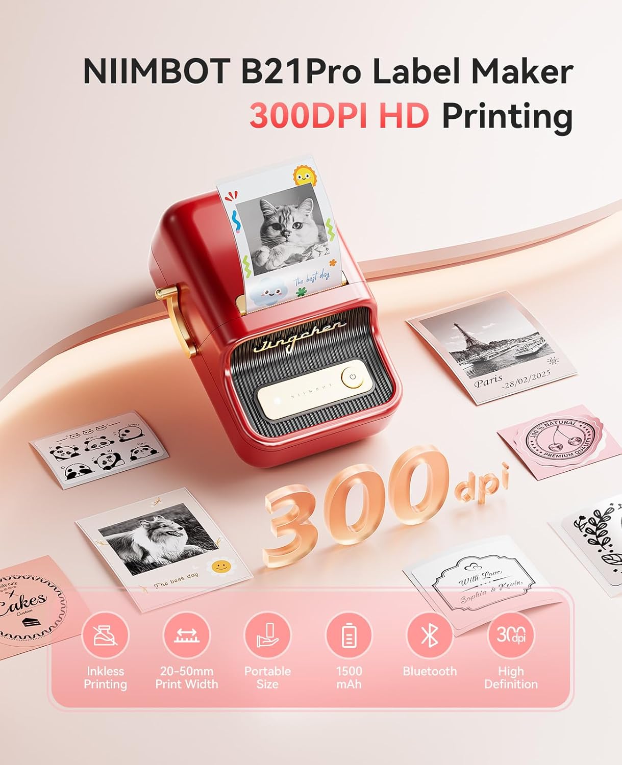 NIIMBOT B21 Pro Label Maker, 300DPI HD Label Printer, Ideal for Notes,Photos, Study Graphics, Memo Maker,50x30mm Label,230Pcs(Red)
