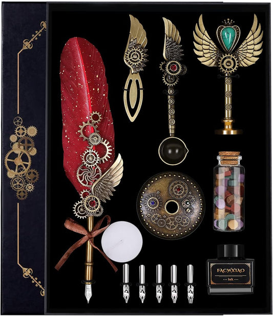 Quill Pen Set, Feather Pen, Ink, Bookmarks, Seals, Nibs, Wax Bead, Envelopes, Writing Paper, Gift Box, Red