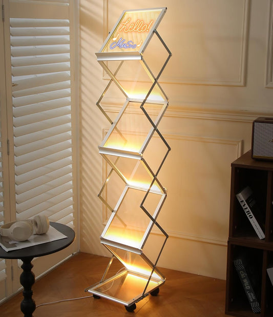 LED Magazine Rack Floor, Sleek Brochure Display with LED Message Writing Board, Mobile Magazine Holder for Trade Shows/Exhibition/Office/Restaurant/Menu Sign with Pens
