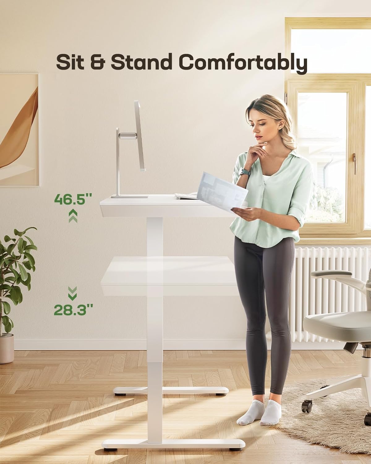 Marsail Standing Desk with Drawer, 48 x 24 inch Whole Piece Tabletop Electric Standing Desk, Height Adjustable Desk with USB Charging Ports, Sit Stand Desk with Storage for Home & Office White