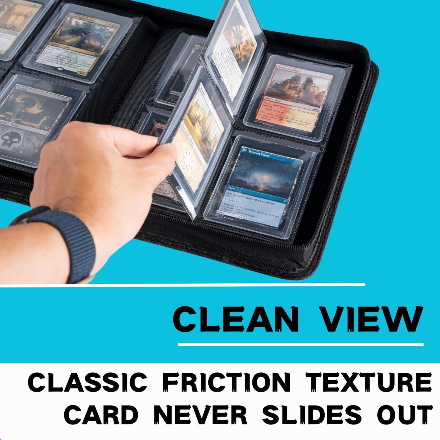 Toploader Binder, Holds 128+ Toploaders, 4 Pocket Top Loader Card Storage Case, Double-Sided Pockets for trading card in 3 x 4'' Toploaders（Blue）