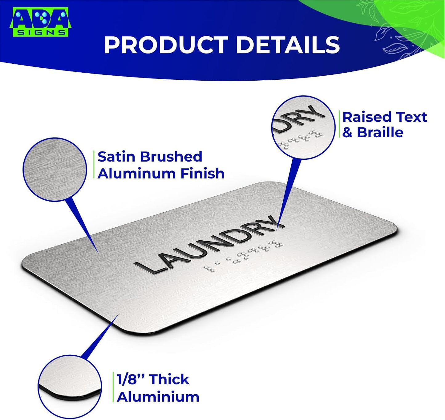 ADASigns Laundry Signs 7" W x 4" H - Durable Brushed Aluminum with Grade 2 Braille - Easy Installation with Strong Double Sided Tape - ADA Compliant Office Door Signs for Businesses & Offices
