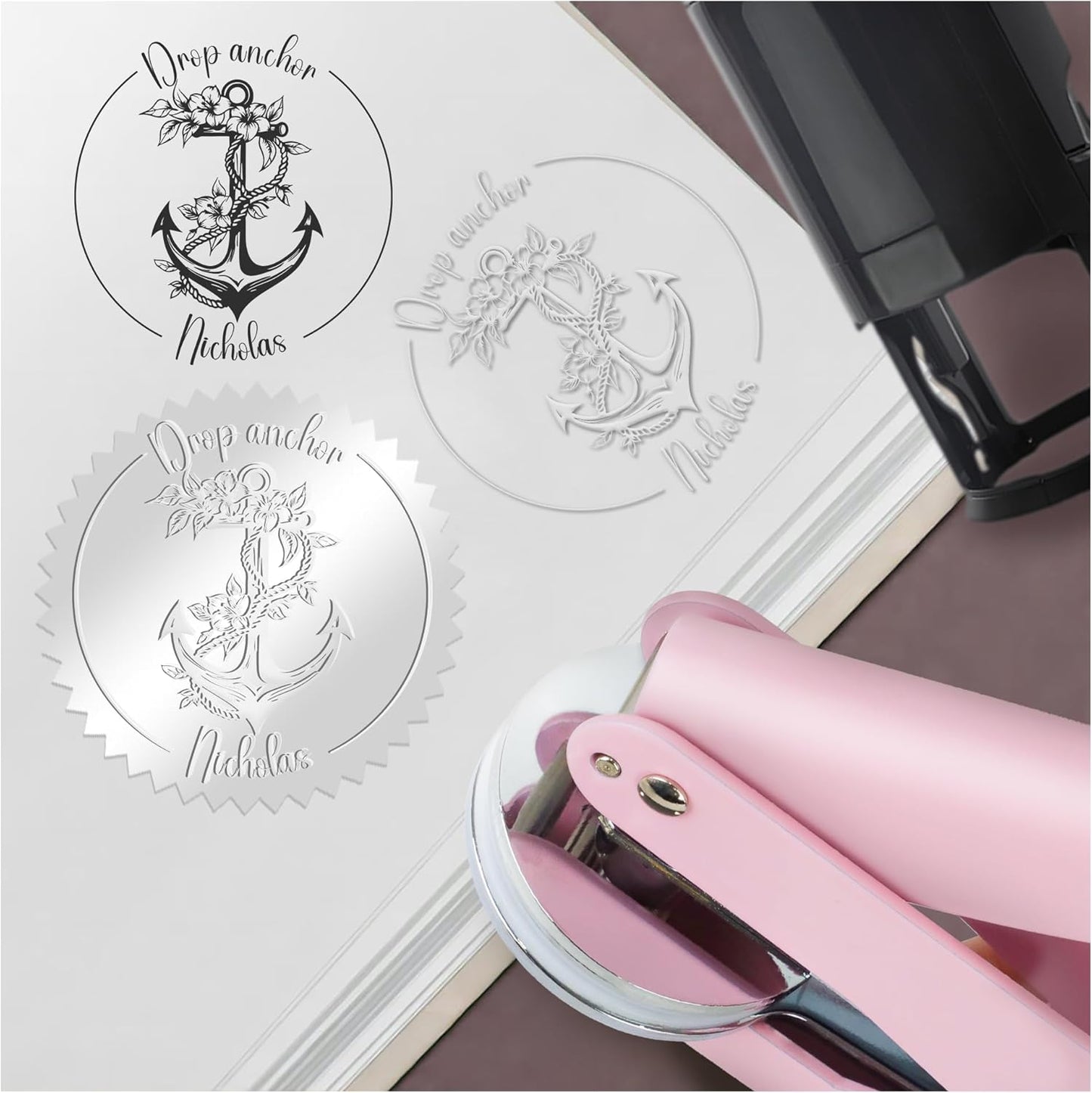 Custom The Library of Embossers Stamps Nautical Theme Color Self-Inking Stamp with Your Name & Design Ship Anchor Great for Personalized Books