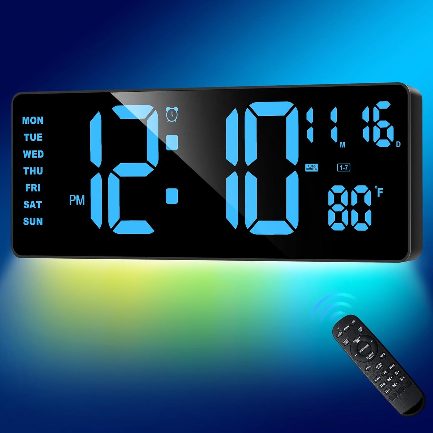 XREXS Digital Wall Clock Large Display, 16.5" LED Wall Clock with 6 Color Changes Night Lights, Auto DST, Count Up/Down Timer with Remote Control for Living Room Bedroom Office Wall Decor