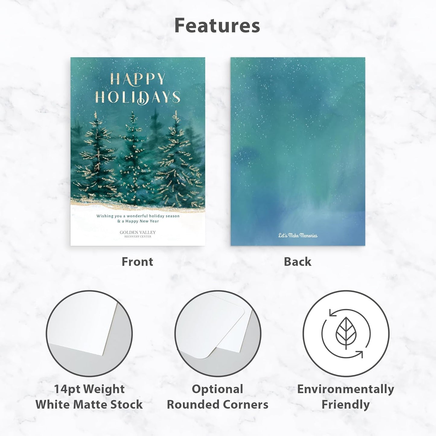 Let's Make Memories Personalized Business Christmas Cards with Envelopes - Premium Quality - 5x7-2025 Holiday Cards & White Envelopes - Gilded Trees - 125 ct