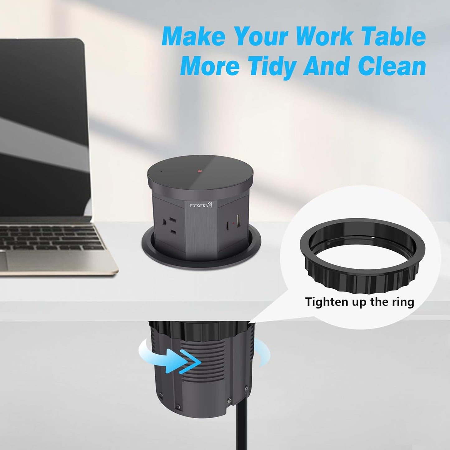 Automatic Pop Up Outlet, 4.33 inch Pop Up Outlet for Countertop with 15W Wireless Charger 3 AC Plug 1 USB-A 1 USB-C Hidden Outlet 5 FT Cord for for Kitchen/Home/Office (Grey)