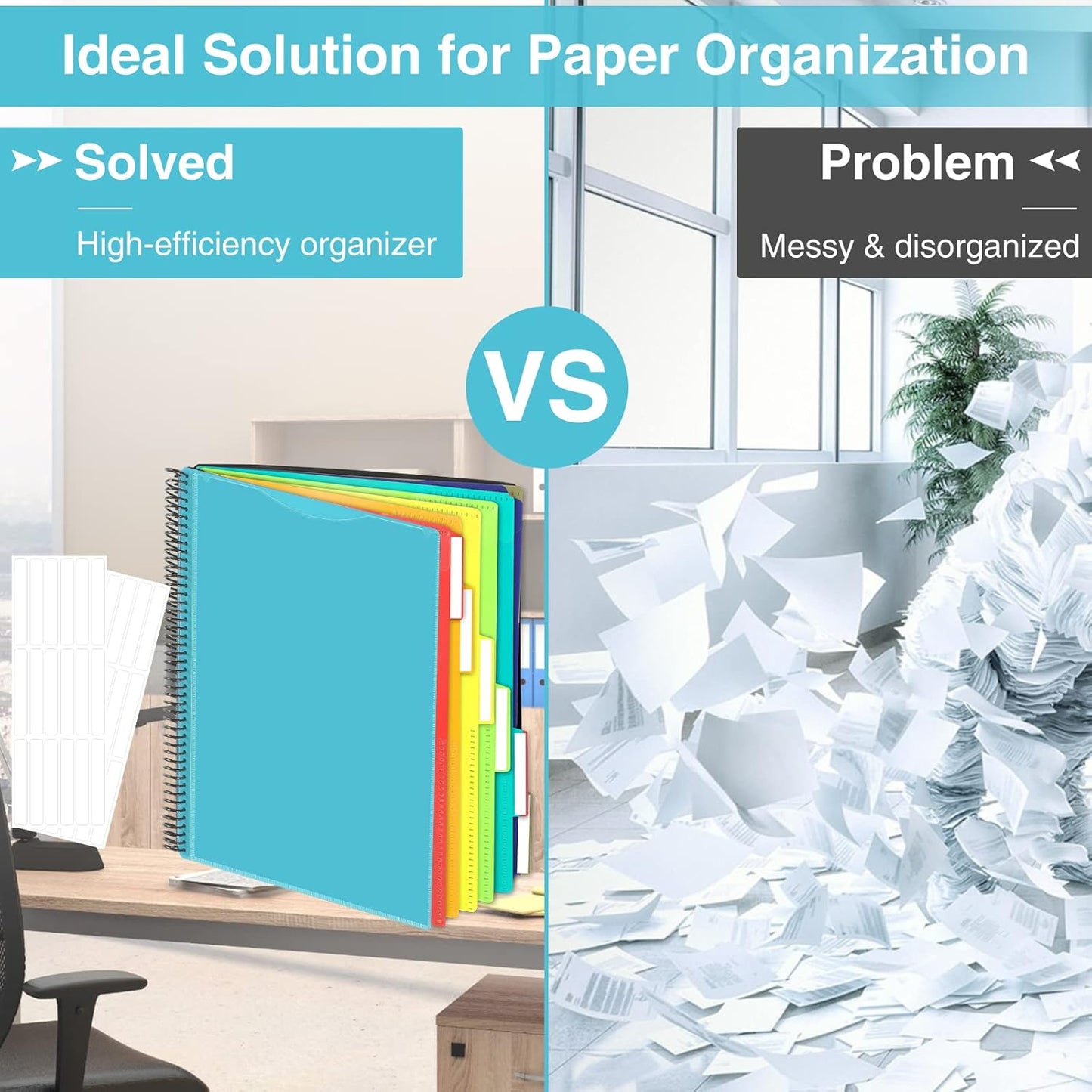 12 Pocket Project Organizer, Forvencer 1/6-cut Tab Binder Organizer with Sticky Labels, Multi Pocket Folder with Zipper Pouch, Folder Binder Spiral Pocket Notebook, Office Supplies, Letter Size, Blue