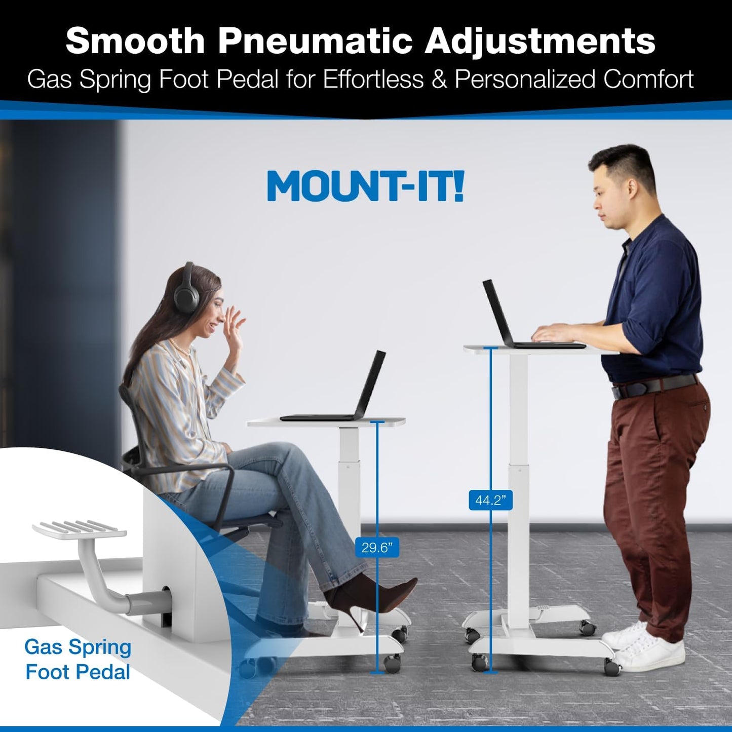 Mount-It! Rolling Laptop Desk Adjustable Height (29.6”-44.2”), Mobile Workstation Cart with 23.6” x 20.5” Desktop, Small Sit-Stand Desk for Home, Office, or Classroom in White