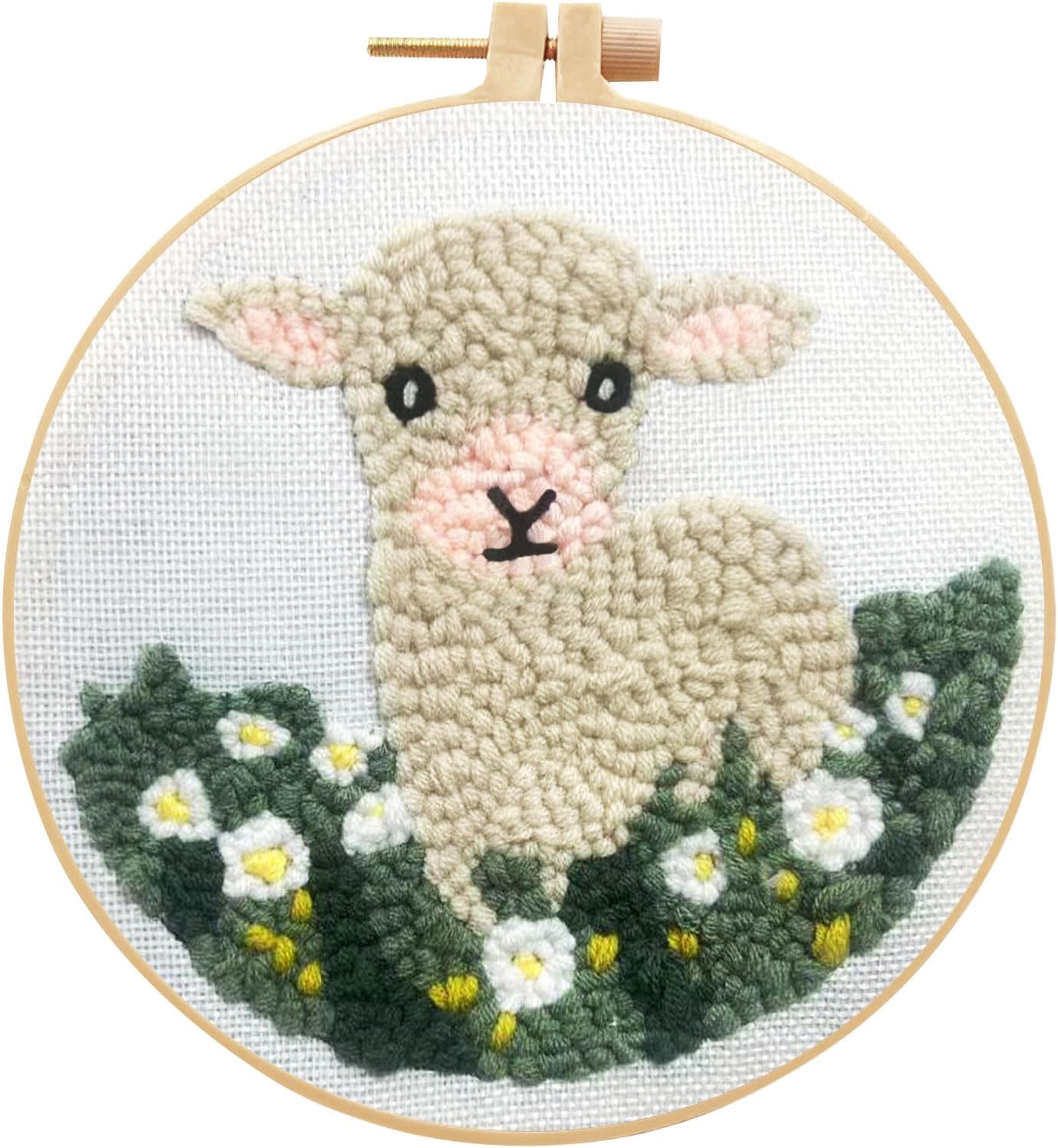 RUIQLXHANG Punch Needle Kits Adults Beginner, Cute Cartoon Highland Cow with Daisy Flower for Beginners, Punch Needle Starter Craft Set with 20cm Hoop, Perfect for Festival Gift and Decoration