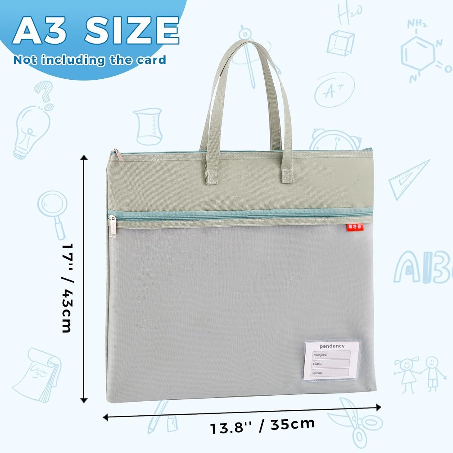 Pendancy Mesh Zipper Pouch A3 Size, Large Double Pocket Waterproof File Bag with Handle, 13x17 in Foldable Document Storage for Puzzle Project/Cross Stitch/Travel/Office（Advanced Green）