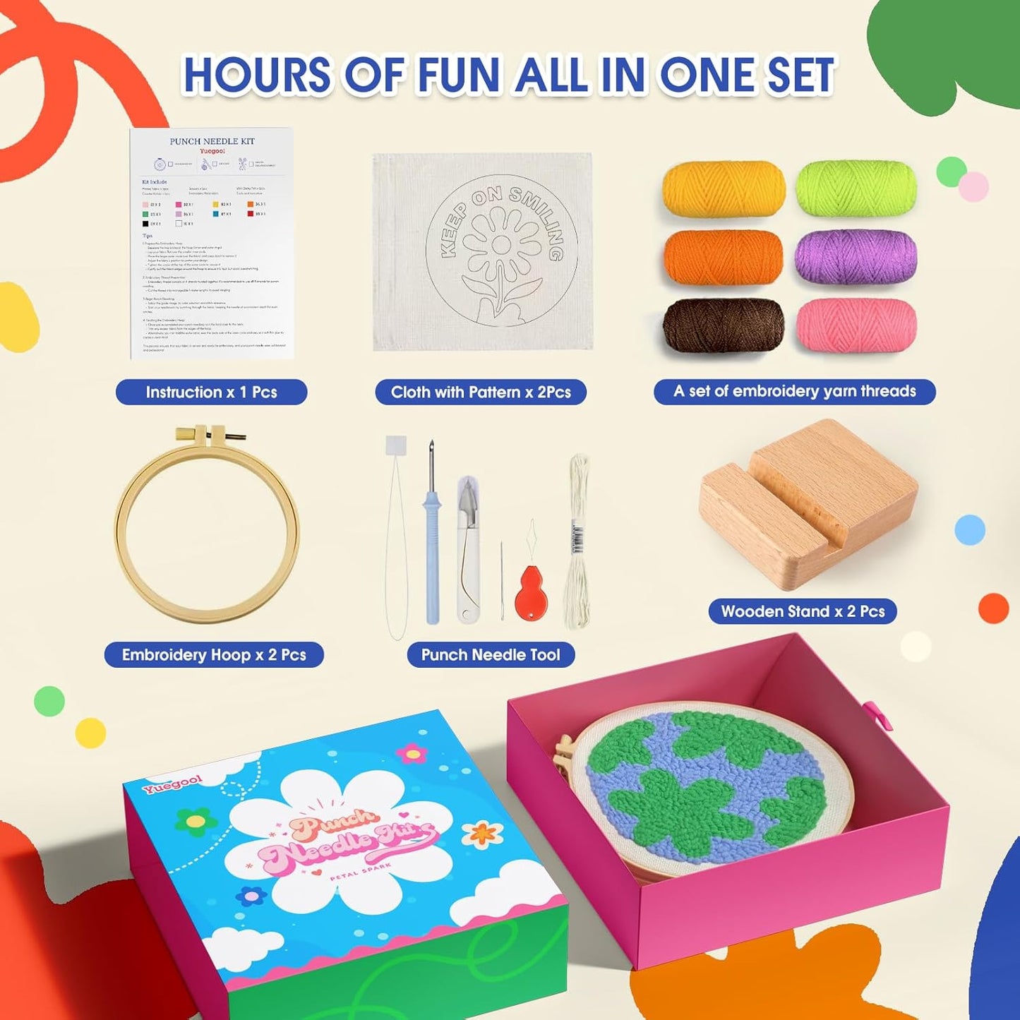 yuegool 2PCS Punch Needle Decoration Kit,Easy DIY Punch Needle Embroidery Kit for Beginners Adults Kids Including Patterns, Tools, Yarns, Hoop, Instruction, Bracket Art Craft Supplies