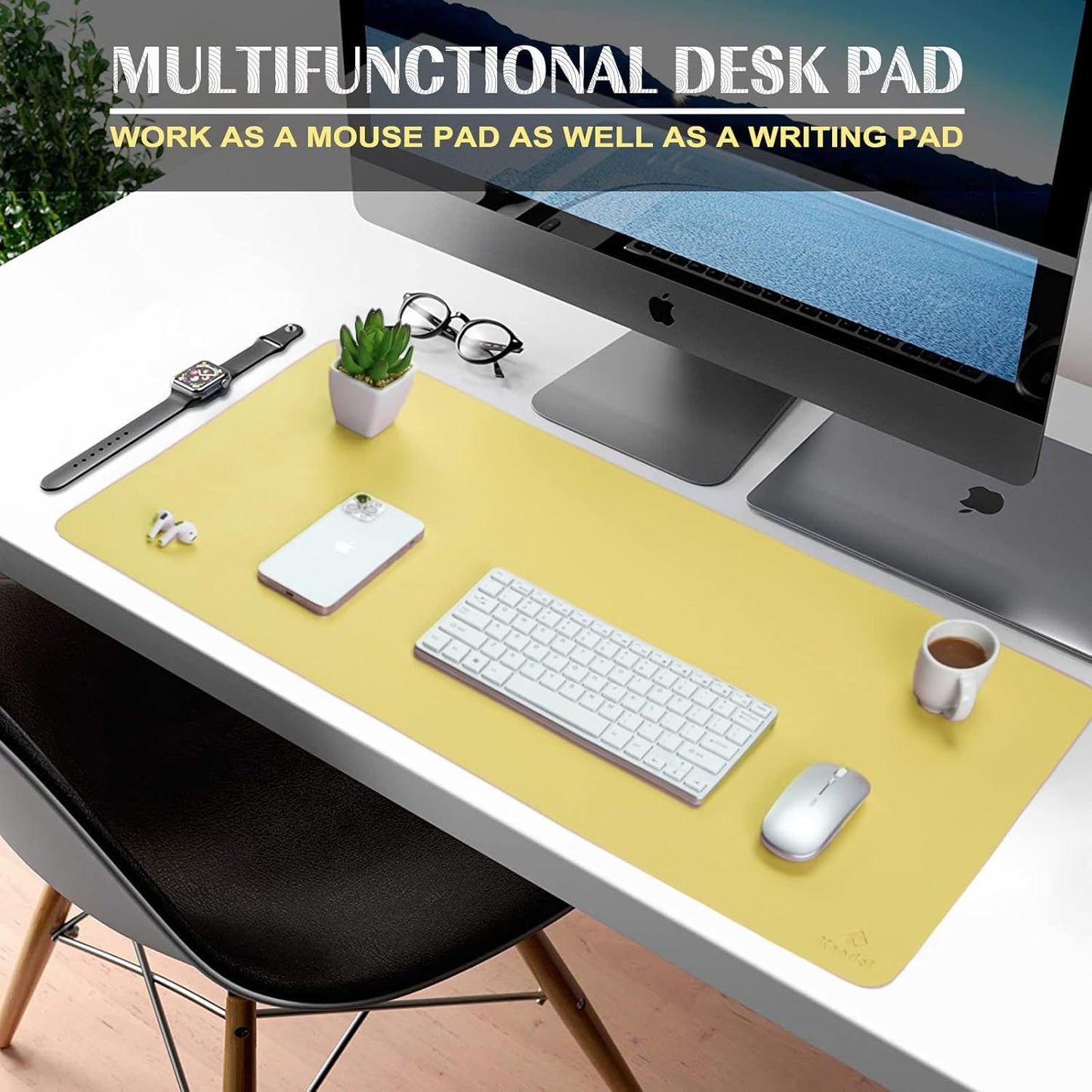 K KNODEL Large Office Leather Desk Mat, Mouse and Keyboard Pad, Computer and Laptop Mat, Desktop Protector and Cover, Writing Pad and Blotter (35.4"x17", Yellow)