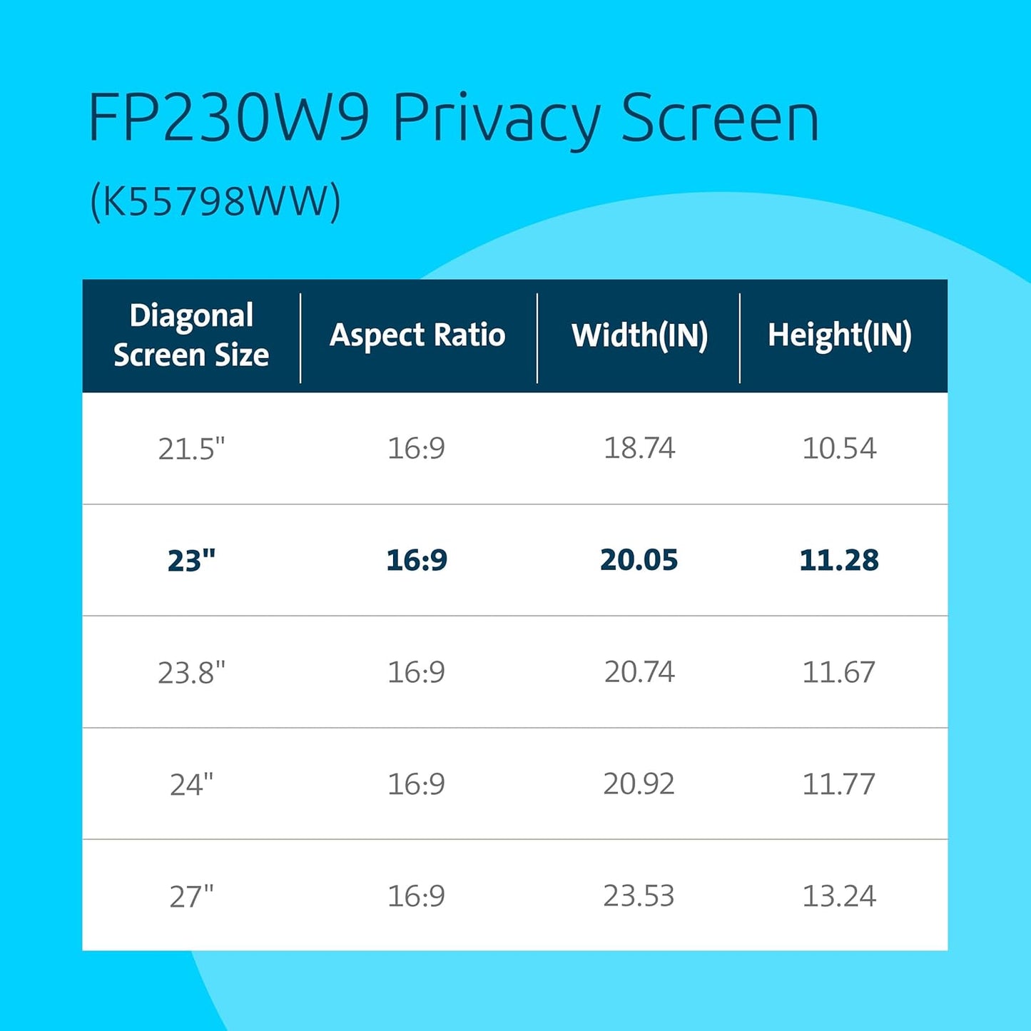 Kensington 23 inch Computer Privacy Screen for Desktop, 16:9 Widescreen Monitor, FP230W9 Anti-Glare Blue Ray Reduction Computer Privacy Filter, Matte and Glossy Viewing Options, K55417WW