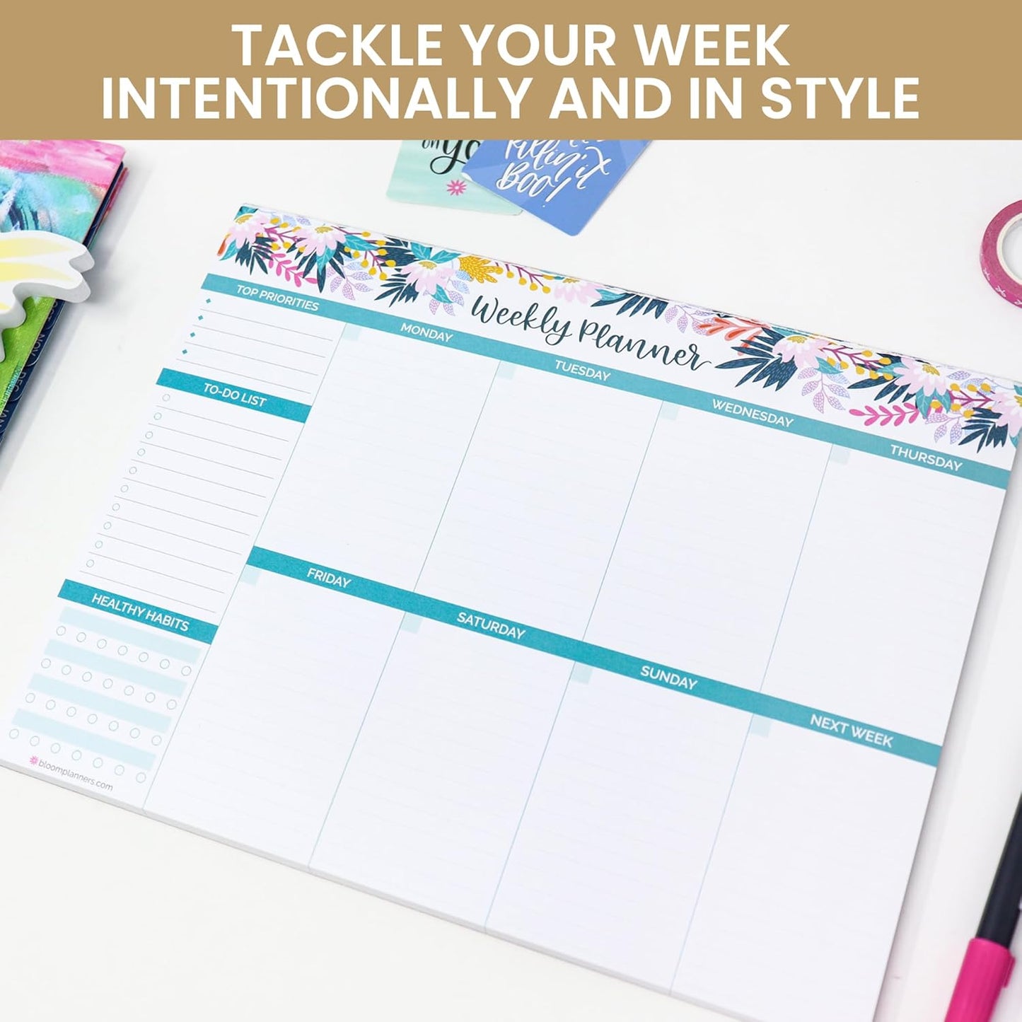 bloom daily planners Horizontal Weekly Tear-Off To Do List Planning Pad - Undated Notepad Organizer & Healthy Habit Tracker - 8.5” x 11” - Floral