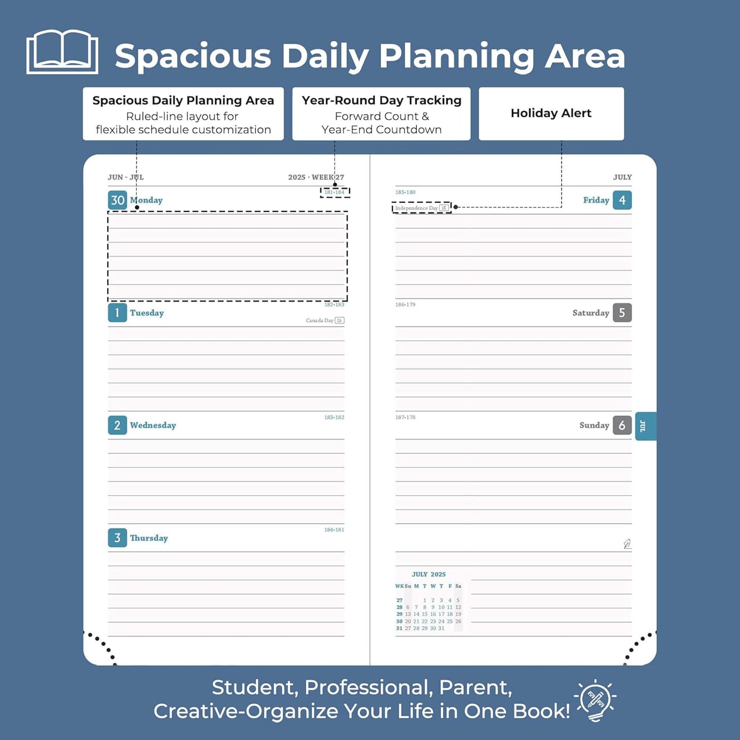 Planner 2025-2026 Daily Weekly and Monthly,6.5"x3.75",18 Months Spiral Bound Calendar Agenda with Self-adhesive Pen Holder,2026 Academic Plan with Vegan Leather Soft Cover,Blue