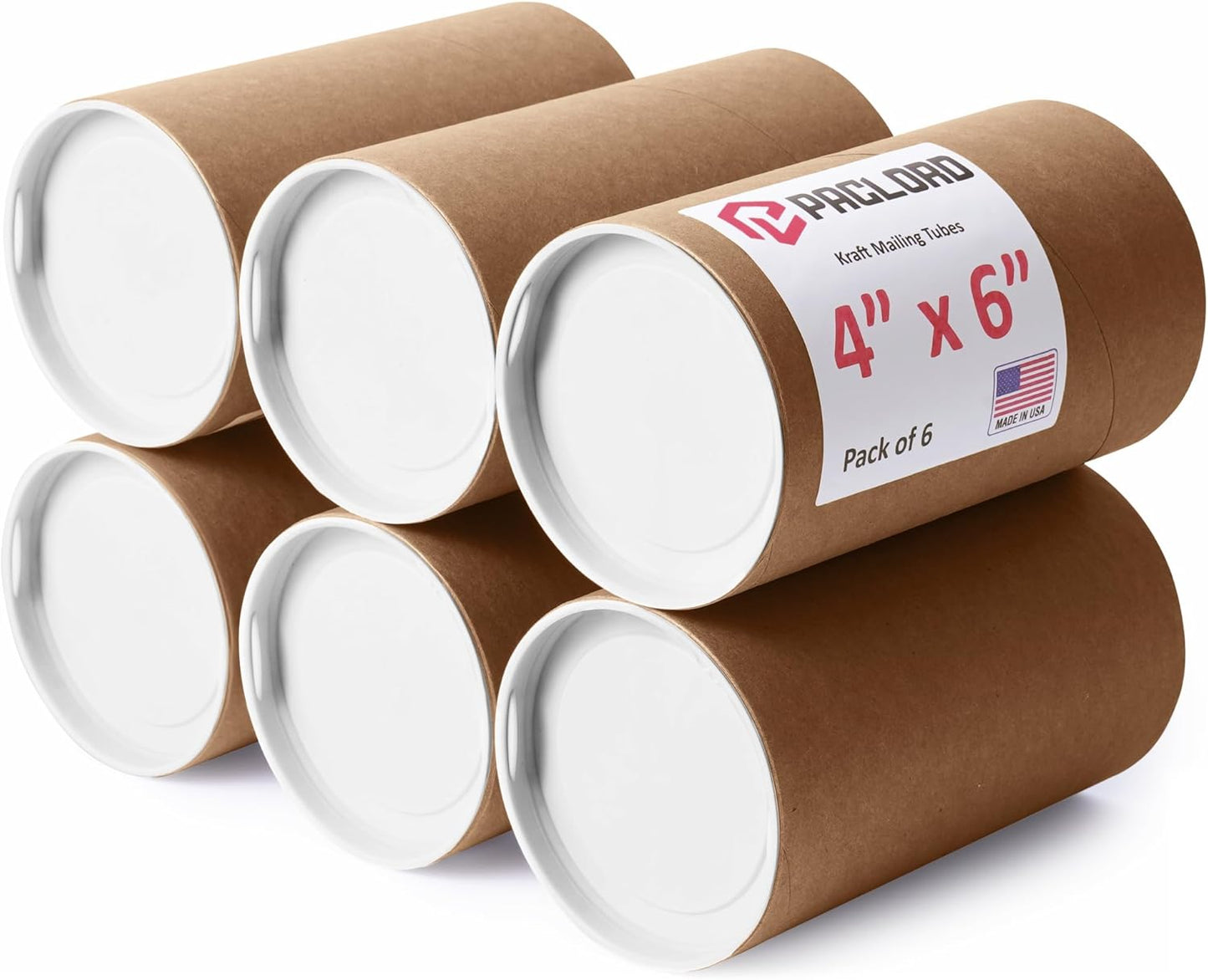 4" x 6" Reinforced Kraft Paper Mailing Tubes, Pack of 6 Tubes with 2 Caps Each – USPS Approved Poster Tube – Made in USA Cardboard Tube for Shipping and Storing Posters, Prints, Artwork, or Documents