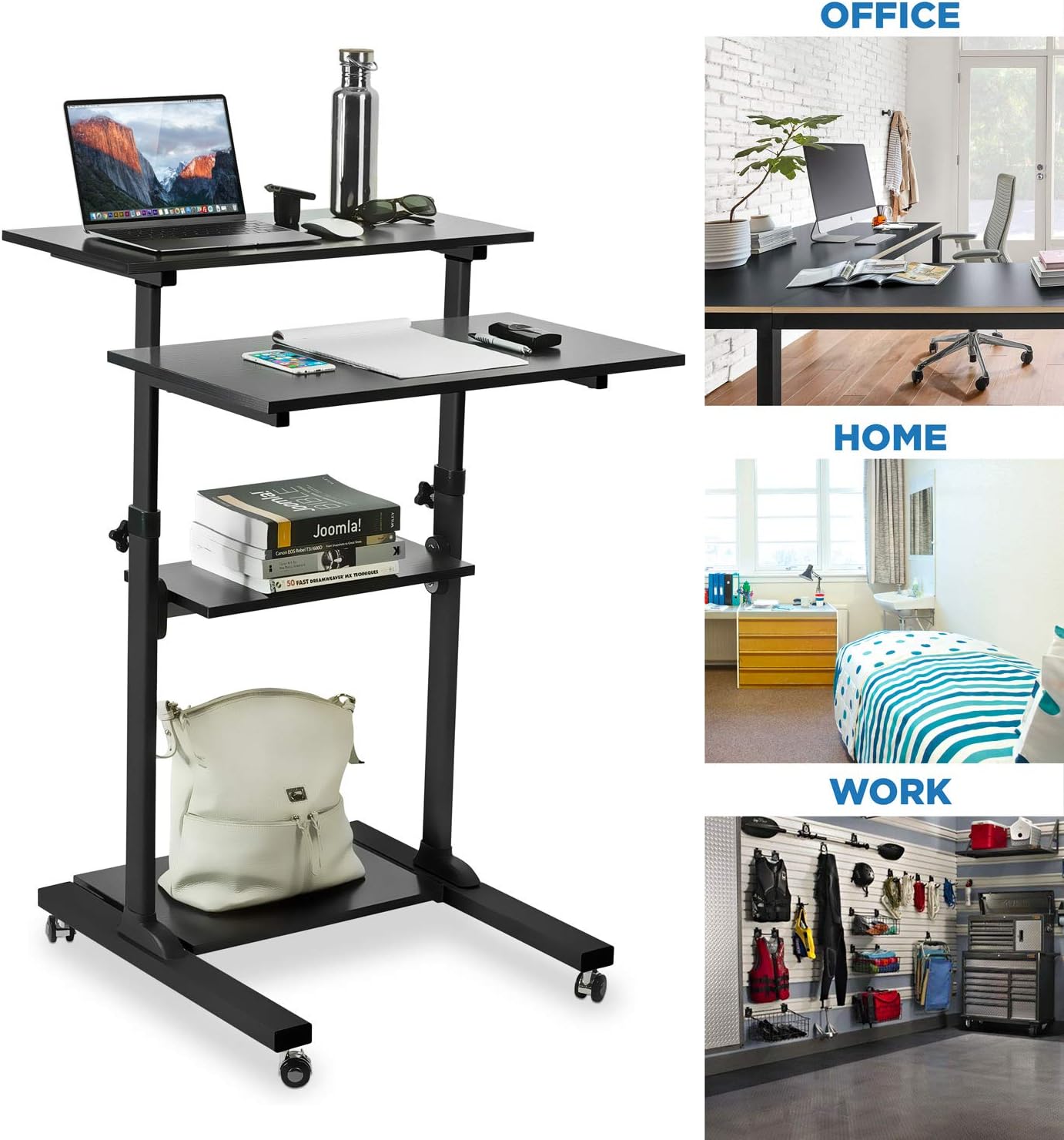 Mount-It! Mobile Standing Desk Cart, Height Adjustable Rolling Stand Up Desk, Computer Workstation for Office, School, Teachers, 27.5" Wide Podium Platform, Locking Wheels in Black Rises 37" to 54"