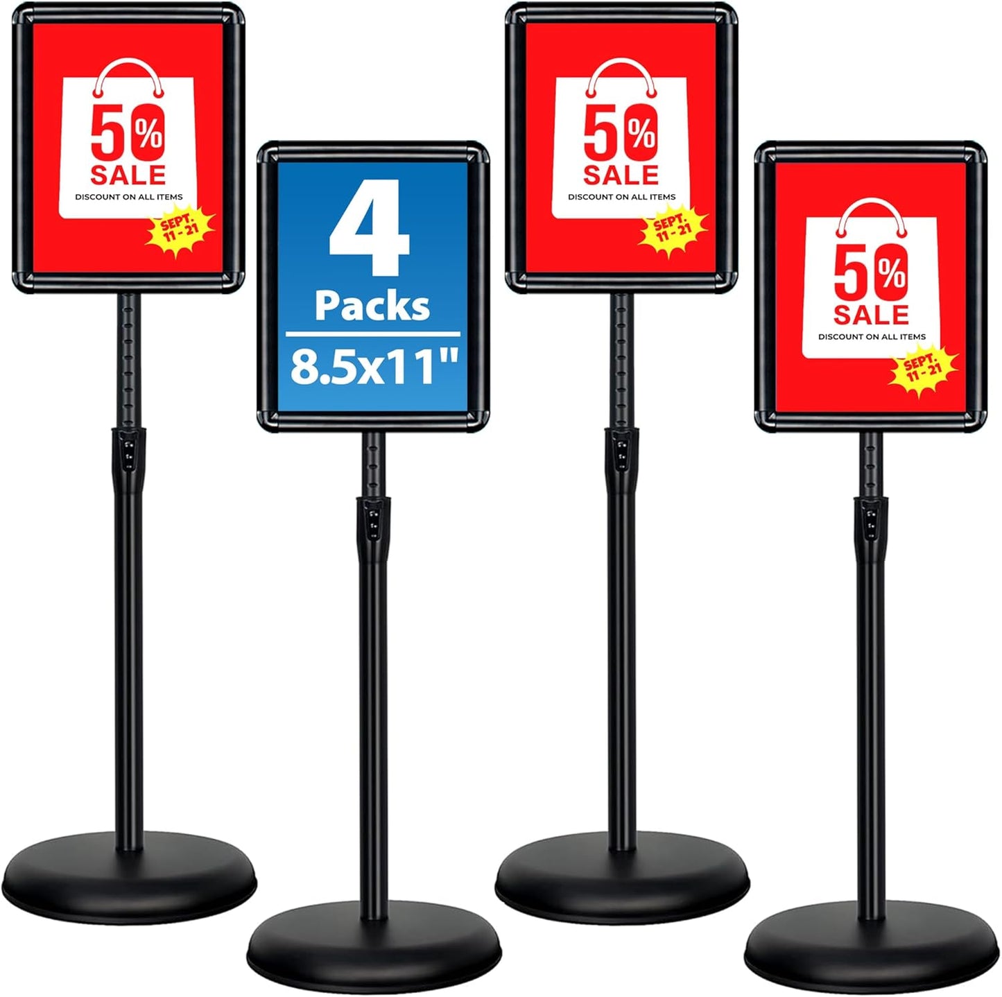 4 Packs 8.5x11 Inch Sign Stand - Adjustable Floor Standing Sign Holder, Pedestal Poster Stand for Vertical & Horizontal Display, Outdoor & Indoor Use for Business & Store Signage - Black