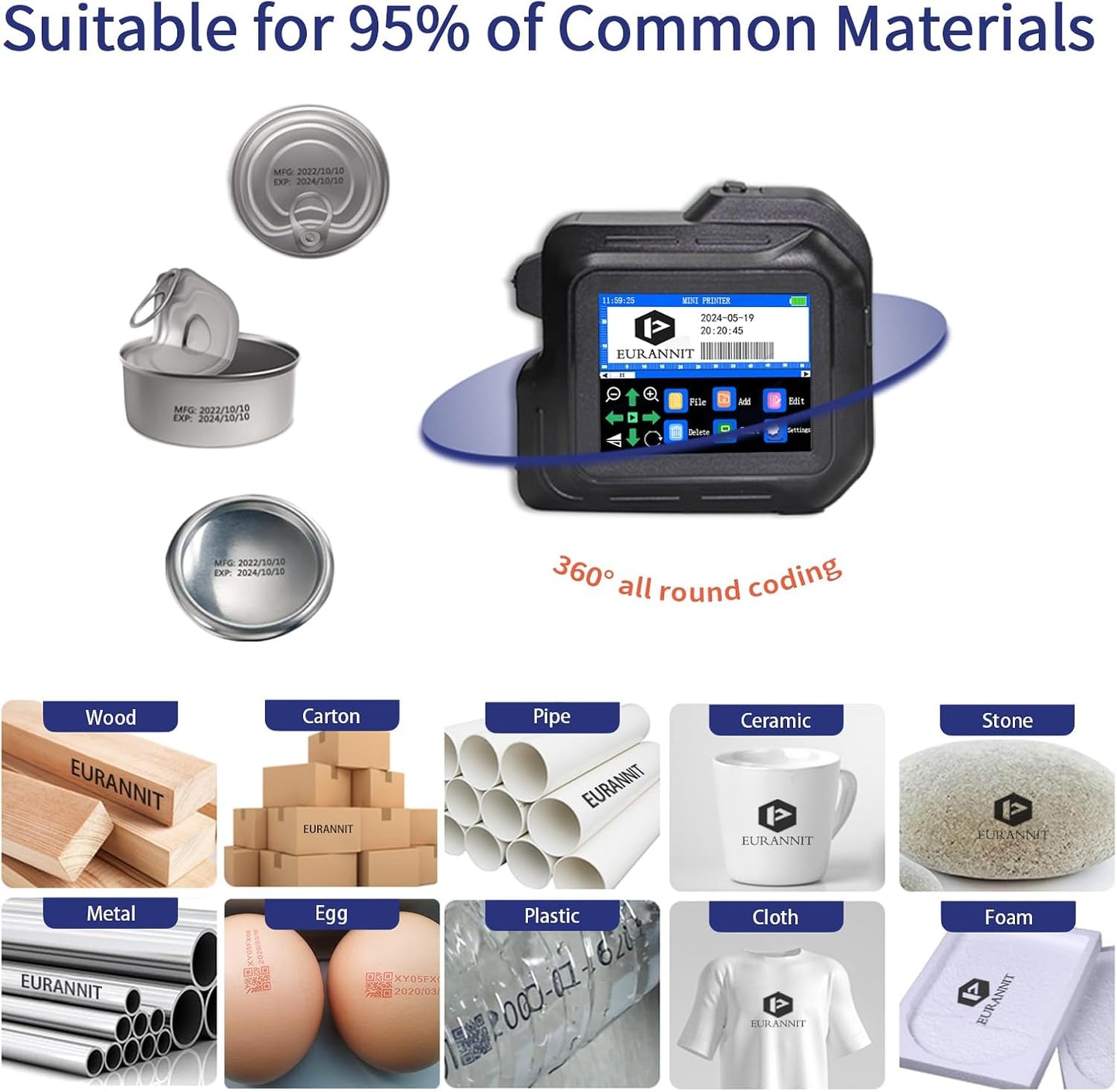 Mini Handheld Inkjet Printer, 0.5" Nozzle, 2.8" Touch Screen, Portable, Black, Monochrome, 600 dpi, 8 ppm, Simplex, USB-C, Water-based Ink, Industrial Use