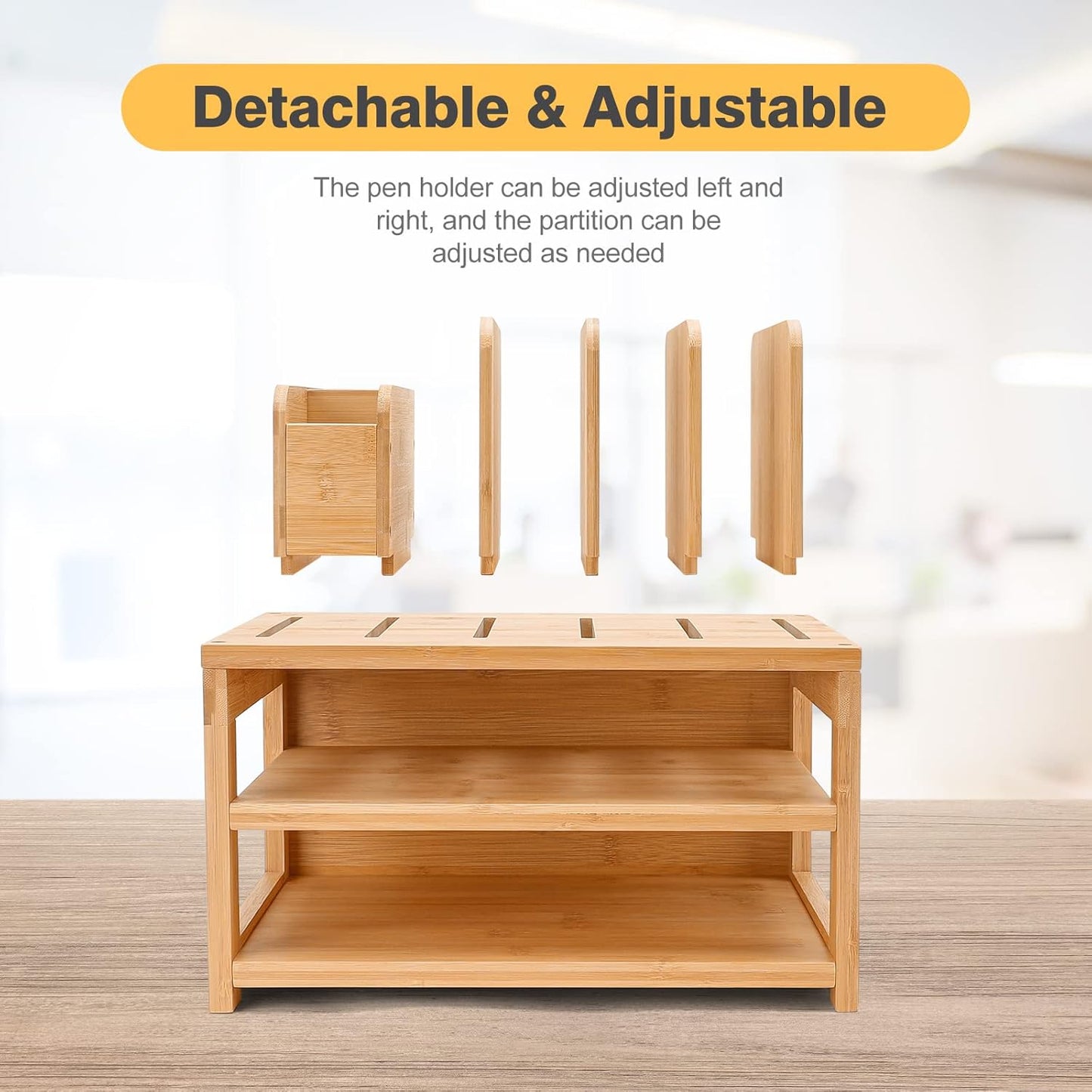 Homde Bamboo Desk Organizer with File Holder, Office Organization for Desks with Adjustable Pen Holding, Desktop Letter Paper Tray Storage for Workplace Home School (3-Tier,Natural)