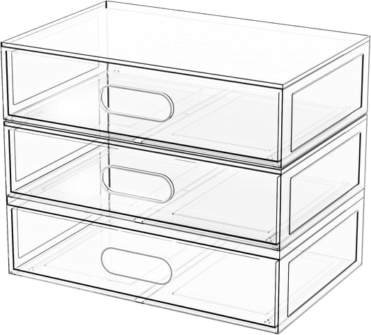 Clear Makeup Storage Drawer, 12''W Stackable Bathroom Organizers and Storage Drawer, Acrylic Cosmetic Display Case For Vanity, Undersink, Cabinets, Desk Organizer (3 Pack)