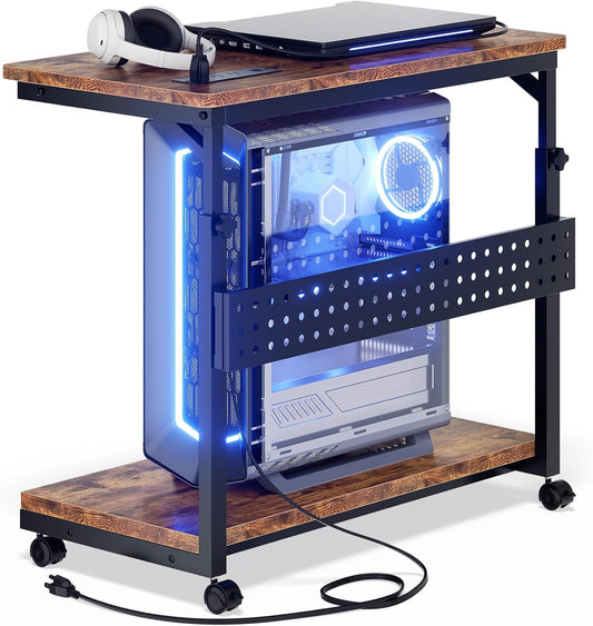 Computer Tower Stand with Power Strips, 4 Levels Manual Height Adjustable PC Tower Stand for Under Desk, Mobile Rolling CPU Holder, Computer Cart with Wheels, 24", Rustic Brown