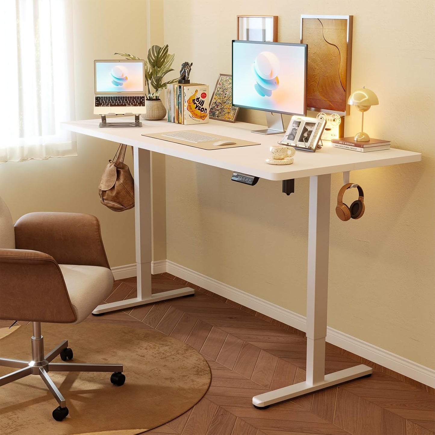 Monomi Electric Standing Desk, 63 x 28 inches Height Adjustable Ergonomic Home Office Sit Stand Up Desk with Memory Preset Controller (White Top/White Frame)